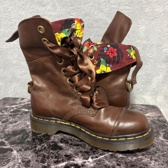 Dr Martens Boots Womens 5 Brown Floral Triumph Aimilita Fold Down Leather Combat - Picture 1 of 10